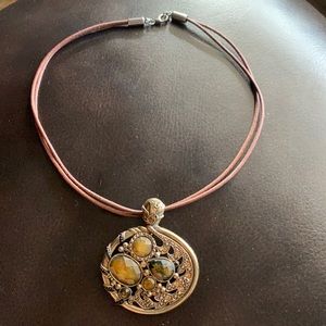 Lia Sophia brown leather double cord necklace with removable jeweled pendant